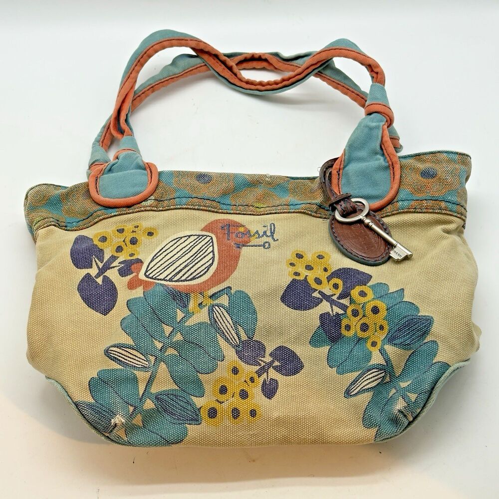 Fossil Hathaway Key Per Canvas Shoulder Bag Bird & Floral Tan Multi-Color Tote